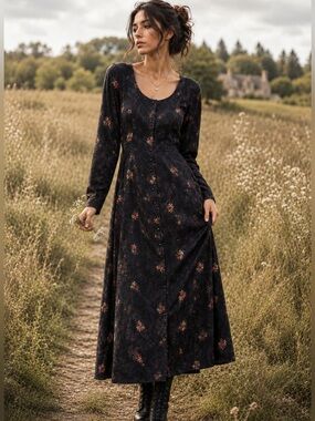 Vintage Susan Bristol Black Floral Jacquard Maxi Dress Made in USA Size 8